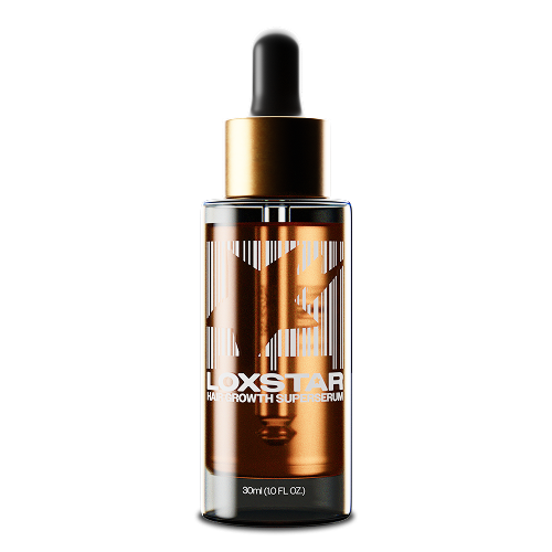 Loxstar Hair Growth Superserum bottle with gold collar and black dropper